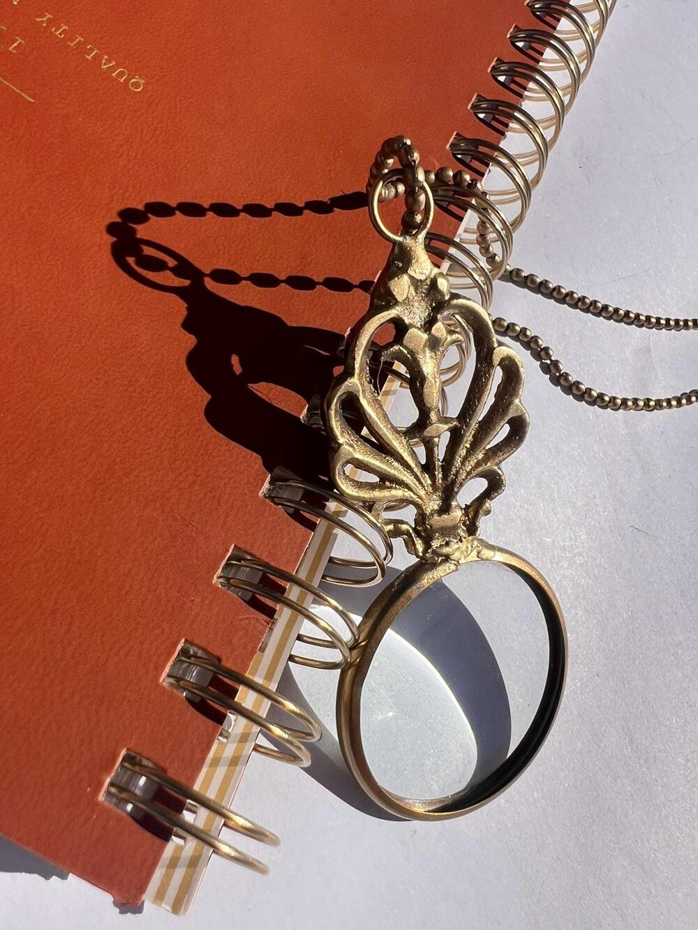 Brass Monocle Magnifying Glass Necklace | Ornate Filigree Loupe, Satin Bag